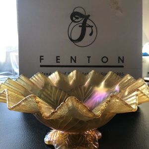 Fenton Carnival Stretch Glass Footed candy dish bowl Leaf & Crimped Ruffle BOX